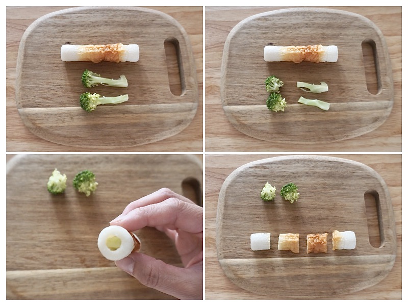 お弁当用のおかず、ちくわにブロッコリーの芯をつめて。きゅうりがなくてもいろんな野菜で代用できる。